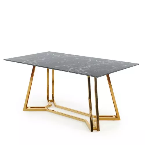 Table de salle à manger avec plateau en verre aspect marbre noir et piètement en métal doré Clytia