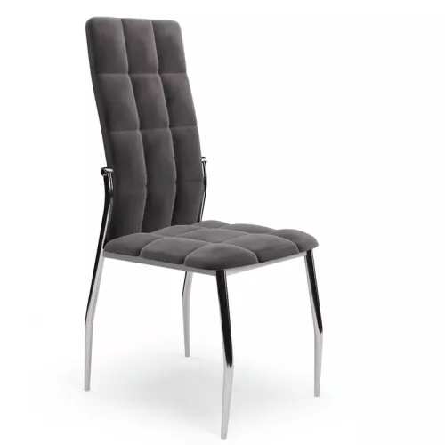 Chaise de salle à manger matelassée en velours gris avec dossier haut et pieds design en acier Elysium