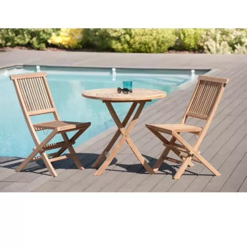 Salon de jardin table ronde & pliante avec 2 chaises en teck brut Summer