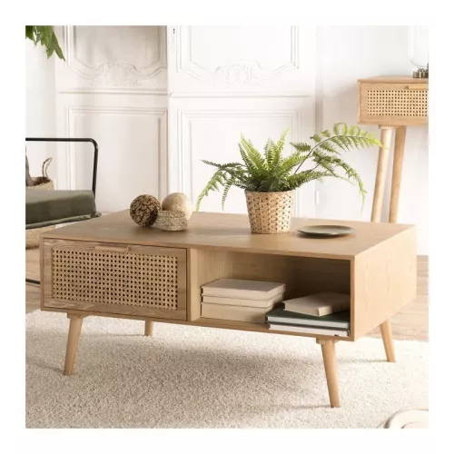 Table basse aspect frêne naturel avec deux tiroirs et une niche de rangement et cannage en rotin Snow