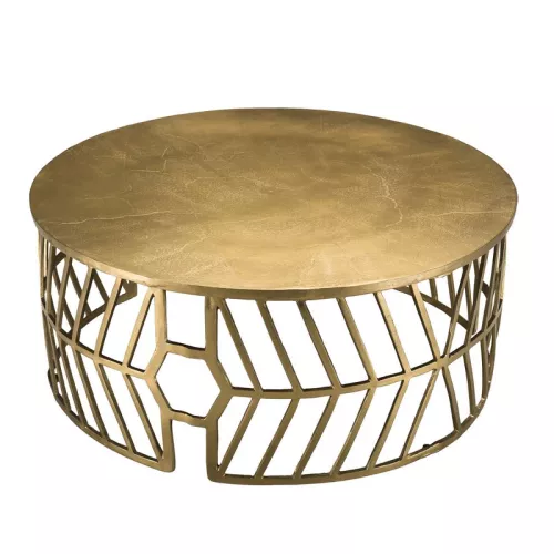 Table basse ronde en aluminium doré avec piètement graphique Elegance