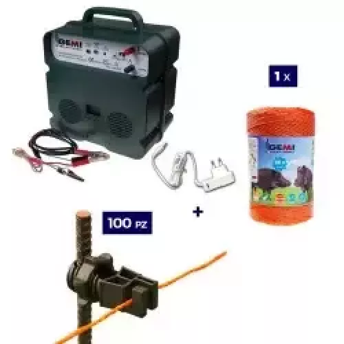 Kit recinto elettrico completo per cinghiali con elettrificatore 12/220v e filo 500m 6mm² per pali in ferro per recinto elettrico