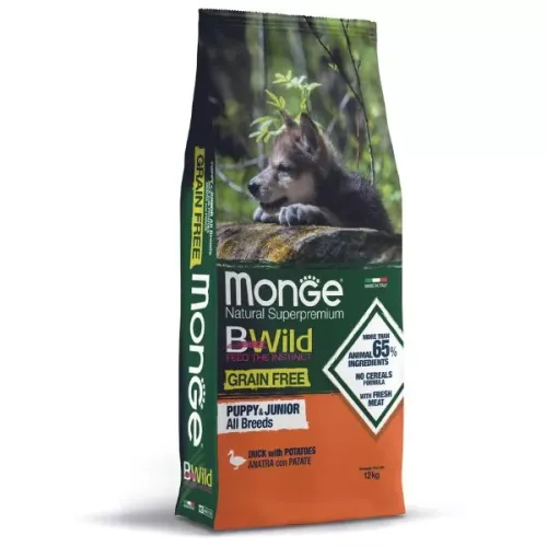 MONGE BWILD DOG GRAIN FREE PUPPY & JUNIOR ANATRA & PATATE 12 KG.