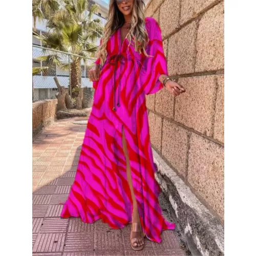 Abiti lunghi stampati per le donne moda scollo a v Bohemian Beach fessura Dress Casual Vacation Ladies Maxi Vestidos primavera estate nuovo