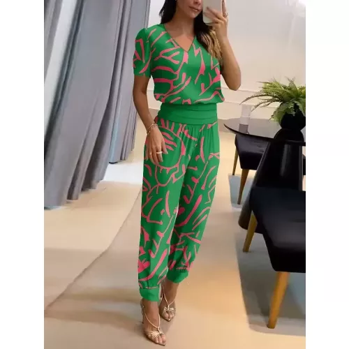 2024 nuovi Set di pantaloni lunghi moda estiva Casual con scollo a v stampa pantaloni a maniche corte completo in due pezzi Set da 2 pezzi completo da