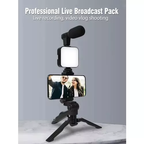 Kit per vlogging con smartphone AY49, treppiede, supporto per telefono, mini microfono, luce LED, kit base per live streaming e video YouTube