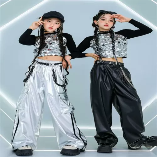 Ragazze Streetwear Hip Hop Jazz T-shirt con paillettes Set di pantaloni in pelle Sfilata di moda per bambini Maglietta Pantaloni larghi Costume per ba