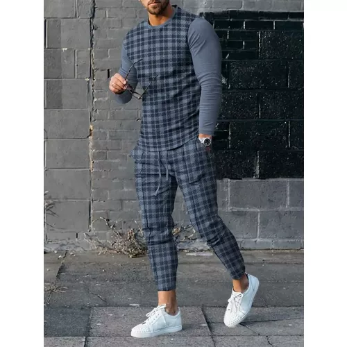 Autunno moda reticolo stampa 3D uomo abbigliamento sportivo Set Casual T-Shirt a maniche lunghe pantaloni 2 pezzi Set Pullover oversize abbigliamento 