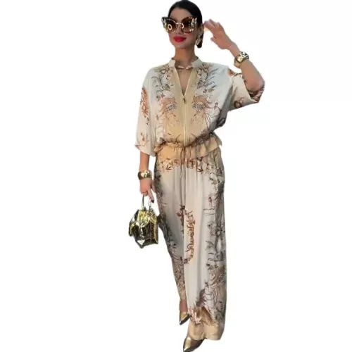 Set da 2 pezzi da donna con cerniera floreale, stampa di moda estiva, uniforme da baseball, pantaloni con coulisse, completo da due pezzi, elegante ab
