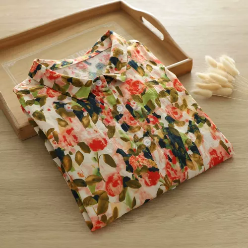 Camicie 100% Cotone da Donna, Moda Estiva Harajuku, Top con Stampa Floreale a Rose, Maniche 3/4, Bluse Vintage Larghe