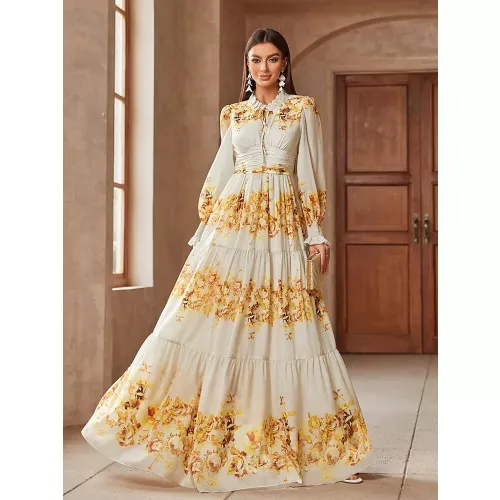 TOLEEN 2024 nuovo in estate Casual floreale volant manica lunga abbigliamento moda donna semplice stampato elegante abito stringente in vita