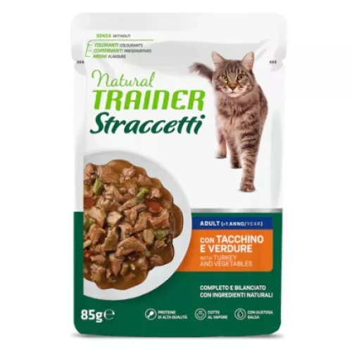 NATURAL TRAINER CAT ADULT STRACCETTI TACCHINO & VERDURE 85 GR.