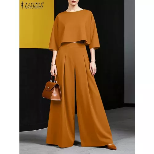 ZANZEA Zomer 2 STUKS Vrouwen Broek Sets Mode Bijpassende Sets 3/4 Mouw Blouse Losse Wijde Pijpen Broek Pak Elegant werk OL Outfits