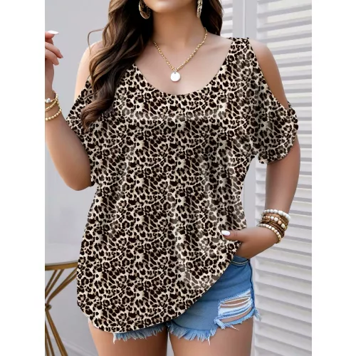 Mode plus maat luipaardprint off-shoulder losse casual damestop met korte mouwen