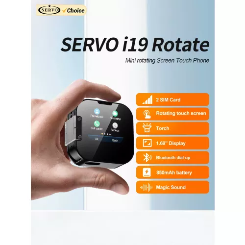 2025 NIEUWE SERVO i19 Draaien Kleine Touchscreen Telefoon 1.69 ″Display Magic Voice Bluetooth Dial Torch 90 °   Roterende 2G mini-mobiele telefoon
