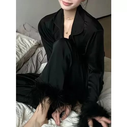 Lente Nieuwe Vrouwelijke 2 Stuks Pyjama Set Mode Veren Lange Mouw Broek Pijamas Suits Lounge Wear Losse Zijde Satijn Thuis kleding