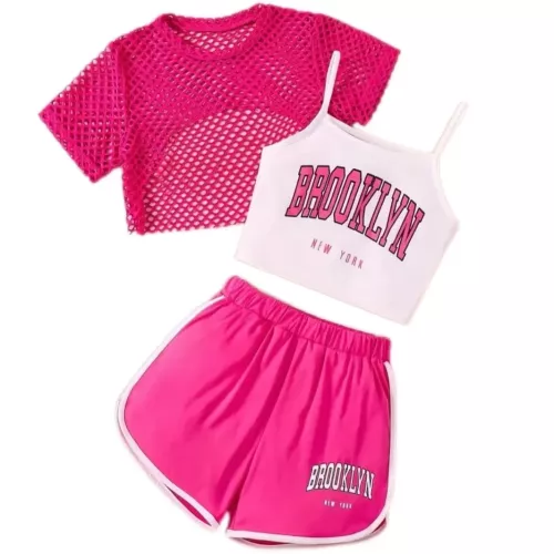 Driedelige outfits voor meisjes Nieuwe ademende zomer Dunne mode Mesh top met korte mouwen + Crop vest met letterprint Sling + sportshorts met letterp