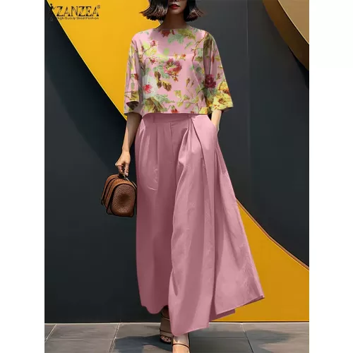 2026 Zanzea Zomer Broek Sets Mode 2 Stuks Vrouwen Bijpassende Sets O Hals 3/4 Mouw Blouse Wijde Pijpen Broek Pak casual Outfits