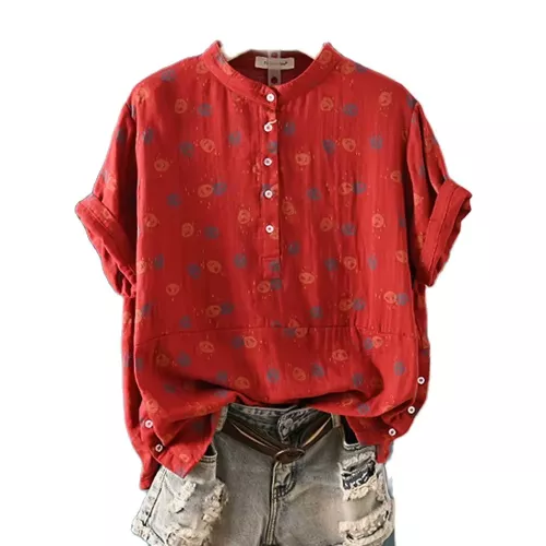 Nieuwe Lente Katoenen Garen Casual Mode Shirt Staande Kraag Bedrukt Tops Dames Korte Mouwen Losse Blouse 2024 Zomer T44412qh