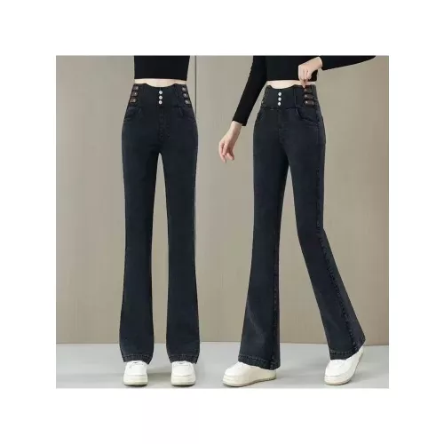 Eenvoud Mode Herfst Winnaar Dames Effen Kleur Wassen Elastisch Hoge Taille Knop Casual Veelzijdig Slanke enkellange Flare Jeans