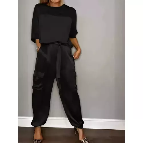 2024 Europese en Amerikaanse grensoverschrijdende nieuwe mode dames glad satijn halve mouwen bovenkledingstuk set tweedelige casual set