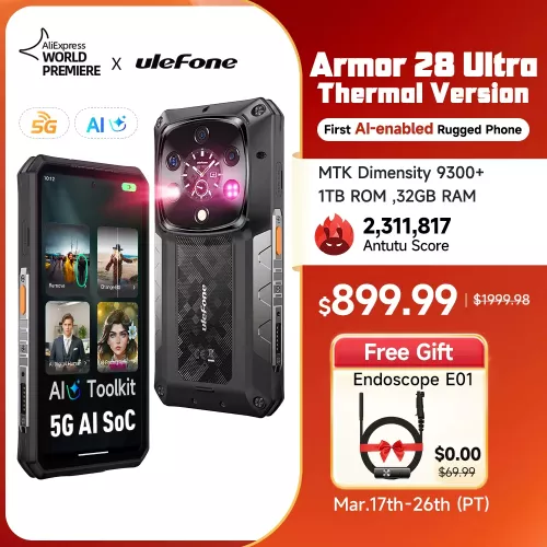 Ulefone AI Armor 28 Ultra 5G Thermische beeldvorming Robuuste telefoon AMOLED Android-smartphone 1 TB ROM 32 GB RAM 10600 mAh Mobiele telefoon 64 MP N