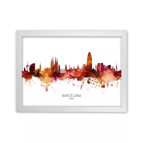 Barcelona Spain Skyline Red City Name by Michael Tompsett - Print