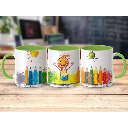 Set of 3 Kids Drawing Style 11oz Accent Mugs â€“ White Ceramic Coffee Cups with a Light Green Handle and Interior