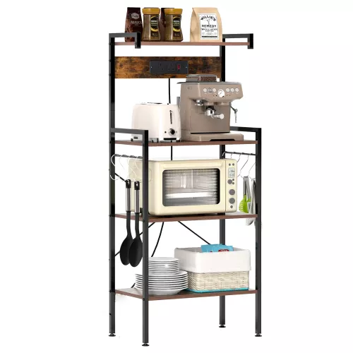 Gymax Bakers Rack 4-Tier Microwave Stand Kitchen Organizer With Power Outlet in Brown