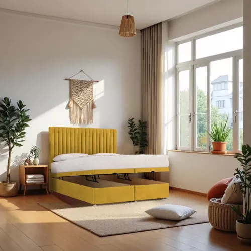 Knight Sleep Emily End Opening Ottoman & Mattress + 24″ Headboard in Mustard | Size: Double