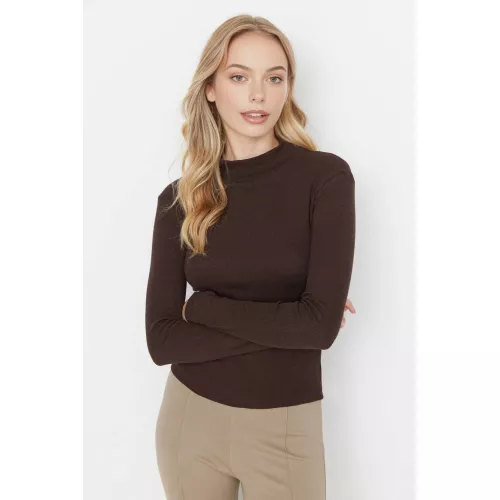 WOVCOR Women's Fitted Stand Collar Long Sleeve Ribbed Knit Blouse in Brown | Size: Large
