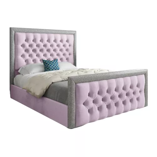 KDMD Rincon Glitter Border Upholstered Soft Velvet Designer Bed Frame in Pink | Size: Double