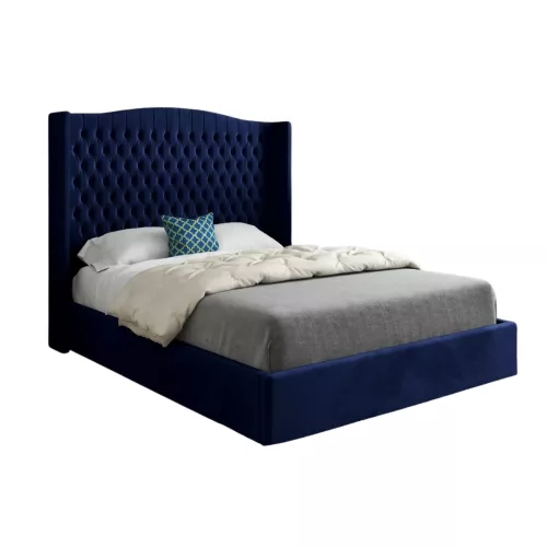 KDMD Snuggler Curved Top Winged Upholstered Soft Velvet Designer Bed Frame in Blue | Size: King