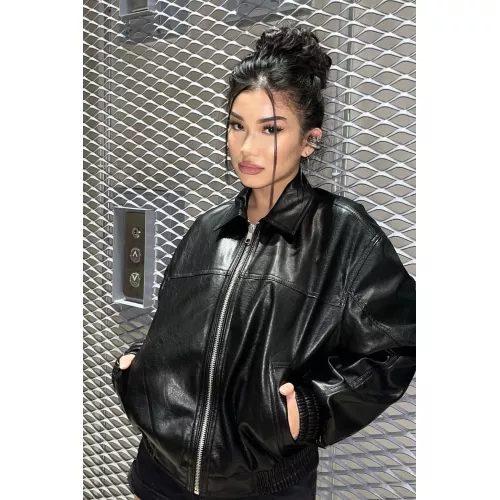 OUTTA BOX Women's Women's PU Zip-Up Jacket with Elastic Hem in Black | Size: XS