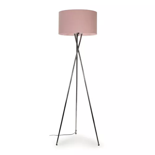 ValueLights Camden Polished Chrome Tripod Floor Lamp with Drum Lamp Shade & Bulb in Dusty Pink