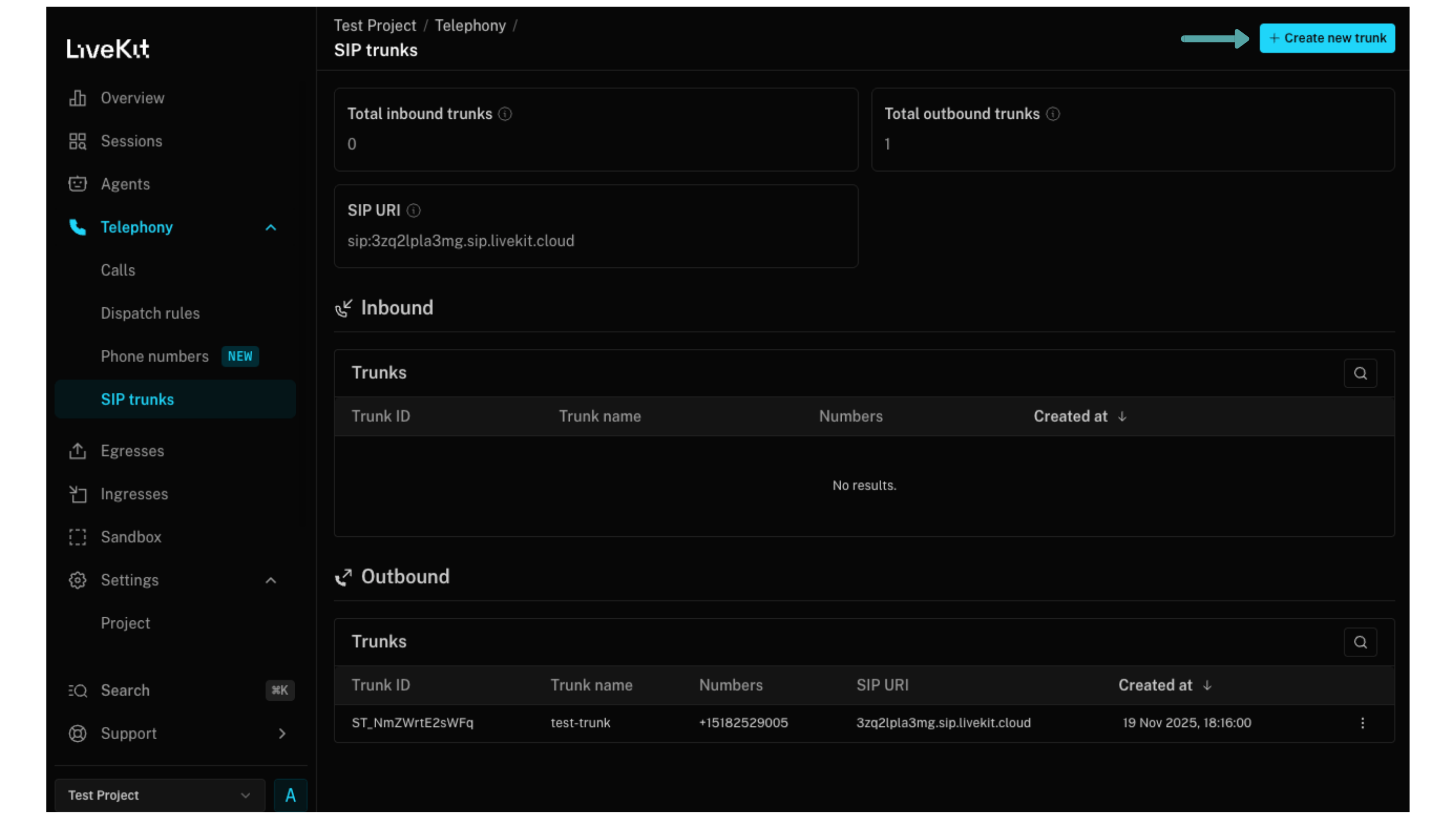 LiveKit Telephony Tab