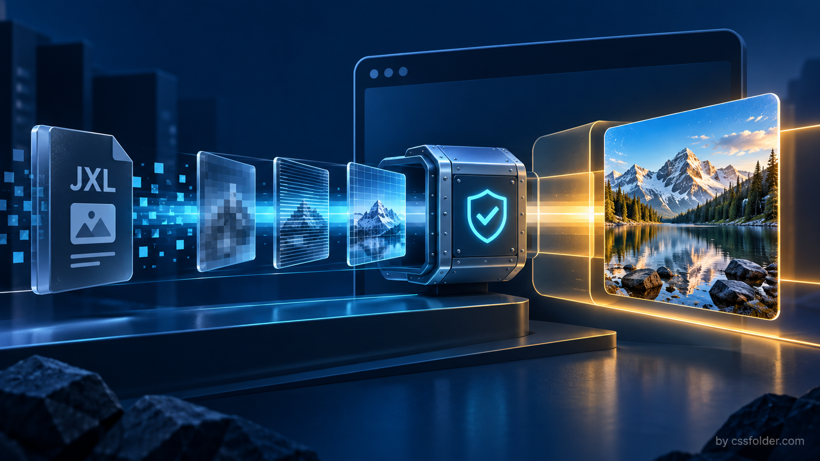 Editorial illustration of a JPEG XL image moving through a browser delivery checkpoint toward a detailed landscape photo
