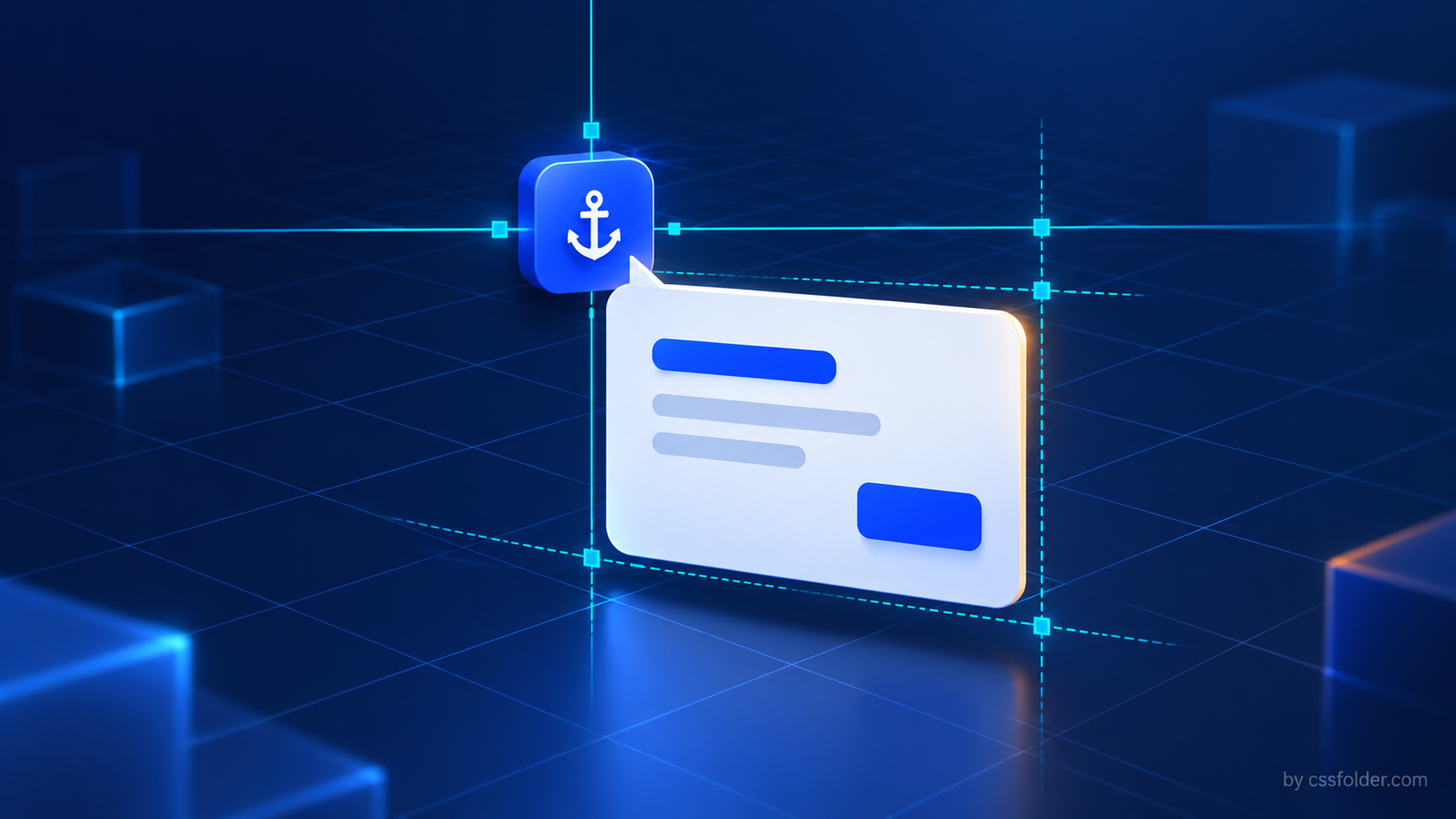 Editorial illustration of a floating panel aligned to an abstract anchor with cyan placement guides