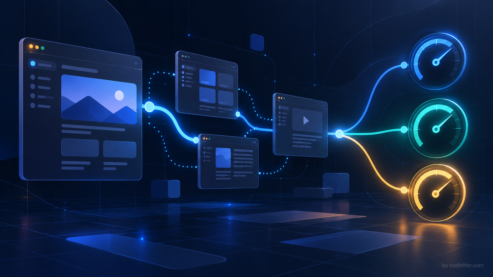 Editorial illustration of an SPA moving through several app views into three abstract performance instruments, representing soft-navigation measurement