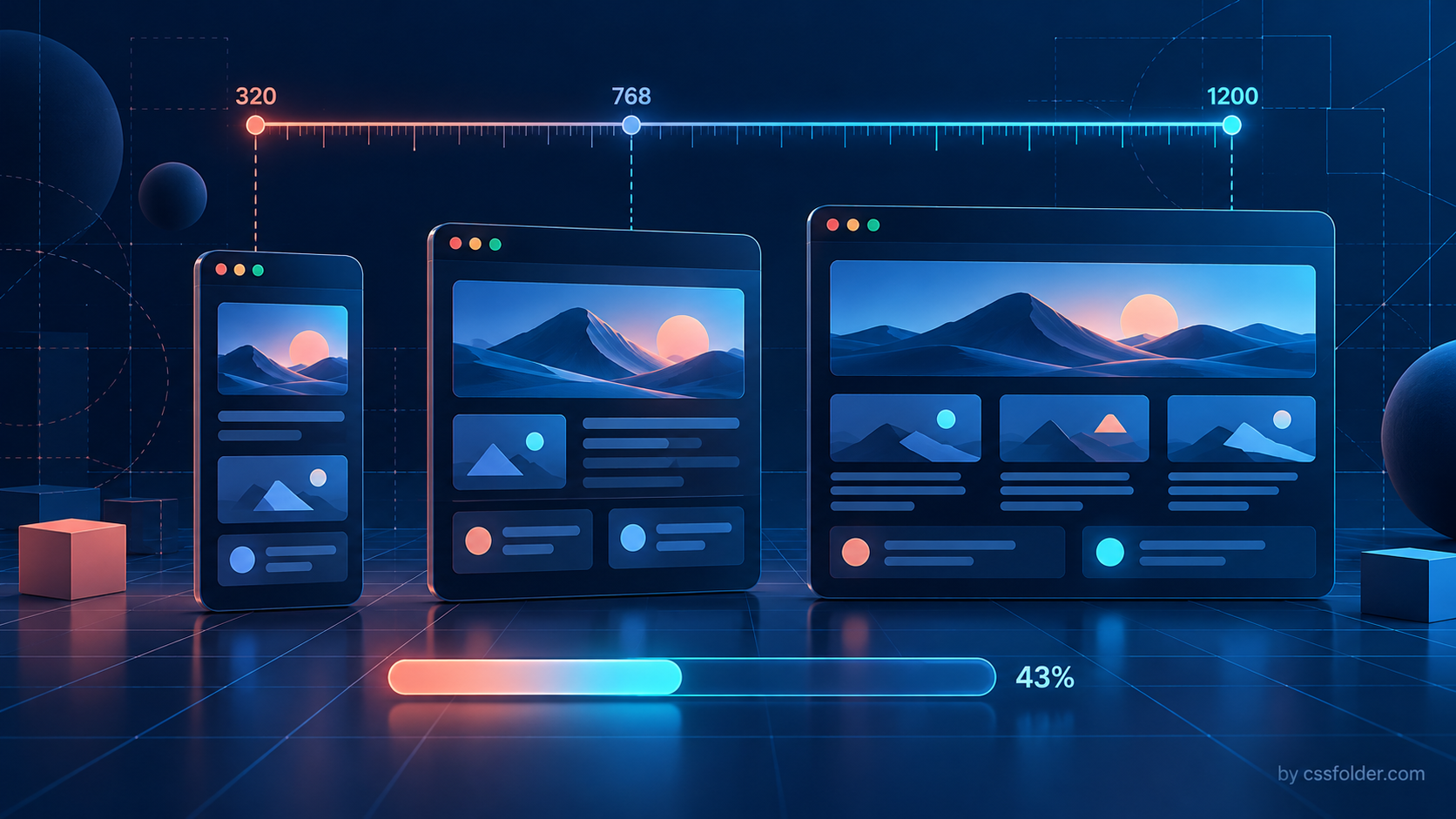 Editorial illustration of responsive interface panels aligned to a 320-to-1200 viewport ruler and a 43 percent progress bar