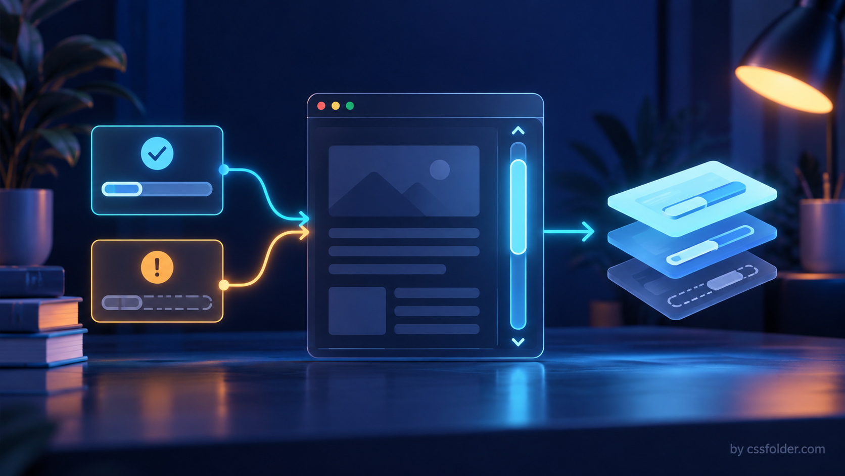 Editorial illustration of a browser scrollbar with two CSS feature-detection paths converging into a standards-first interface