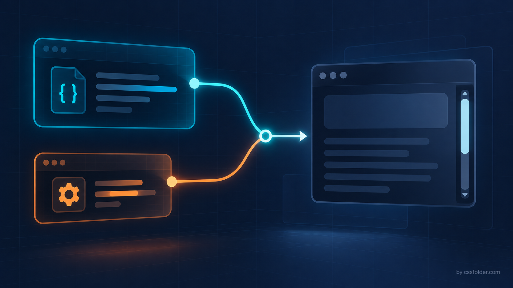 Editorial diagram showing a cyan standards-first CSS branch and an orange compatibility branch converging on a browser scrollbar preview
