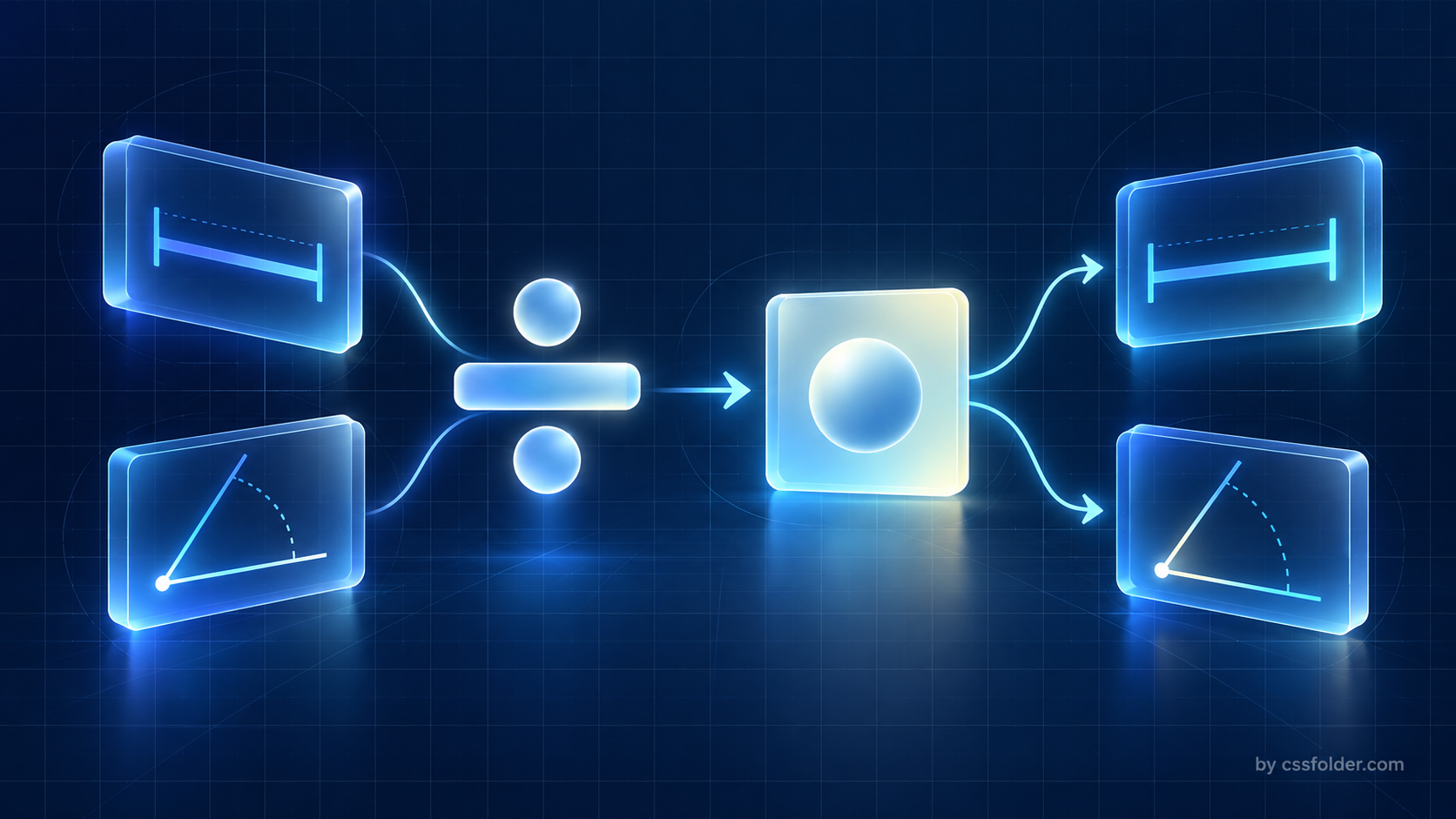 Editorial illustration of abstract CSS typed values resolving into a unitless value and length or angle outputs