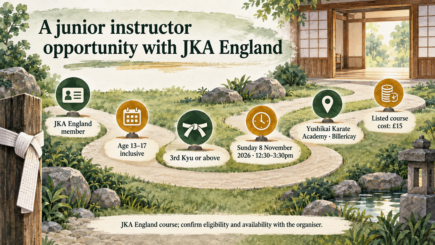 JKA England Junior Instructor Course eligibility, date, time, venue and listed cost.