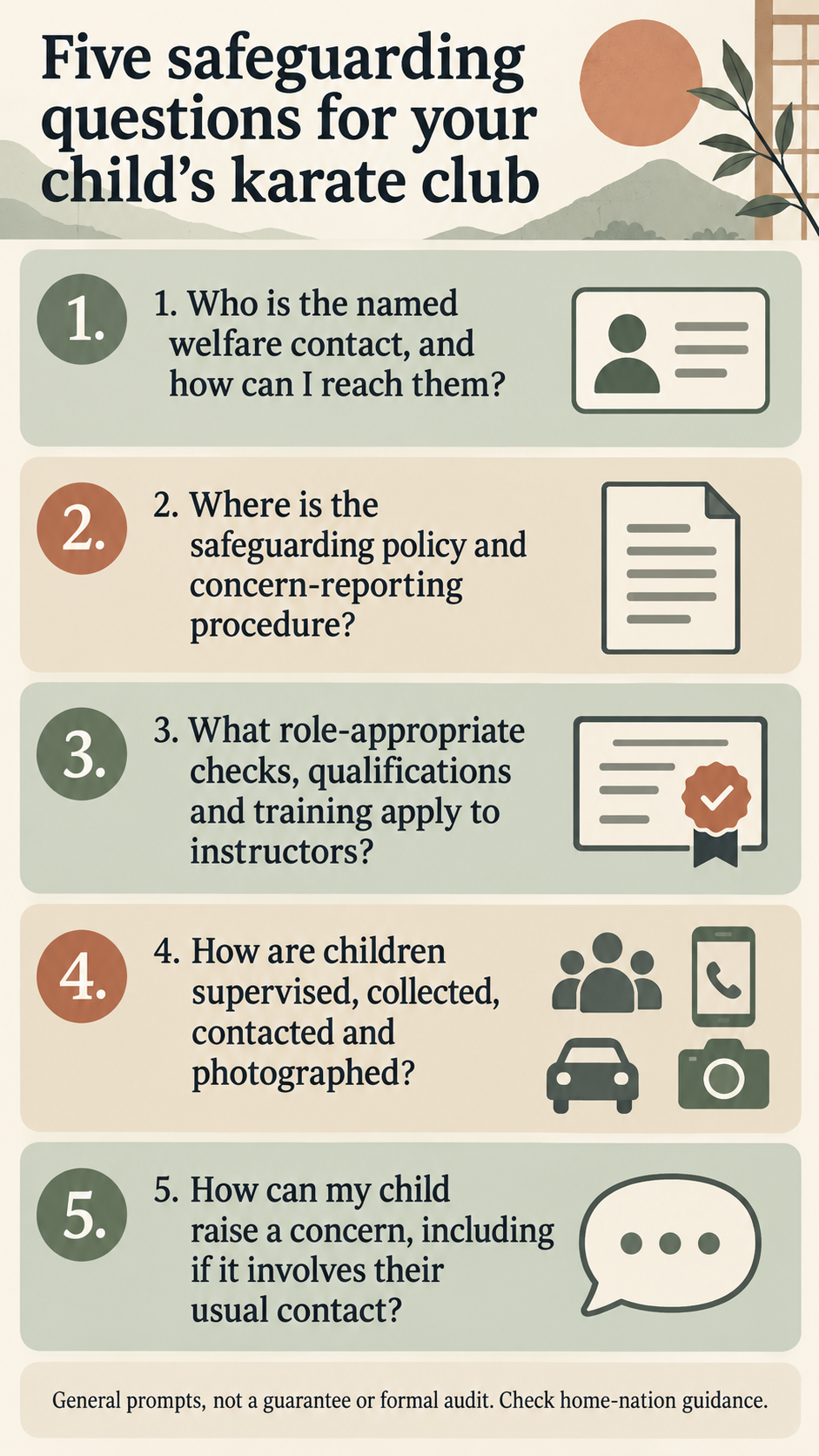 Five questions parents can ask a karate club about safeguarding; general prompts, not a formal audit.