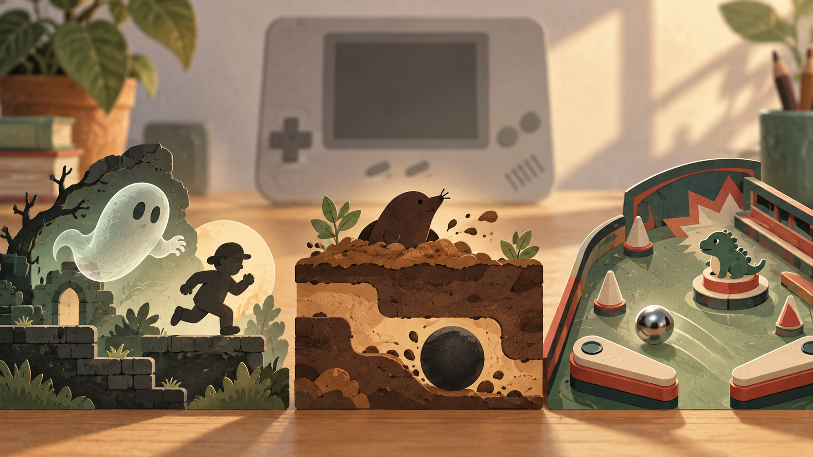 Original editorial illustration: a ghost, underground mole puzzle motif, pinball lane and generic handheld silhouette for the three Game Boy classics arriving October 27, 2026.