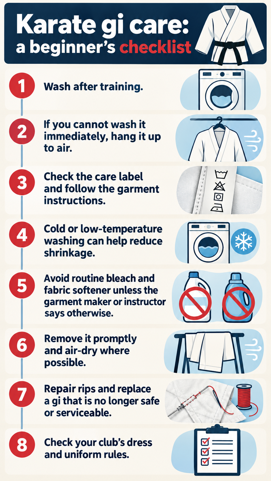 Infographic checklist for washing and caring for a karate gi.