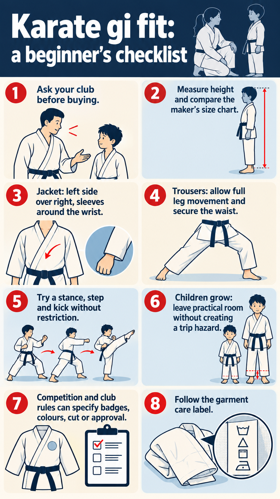 Infographic checklist for choosing a comfortable and suitable karate gi fit.