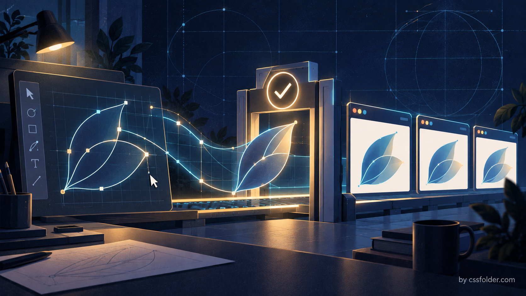 Editorial illustration of vector paths passing through a quality-review checkpoint toward browser testing panels
