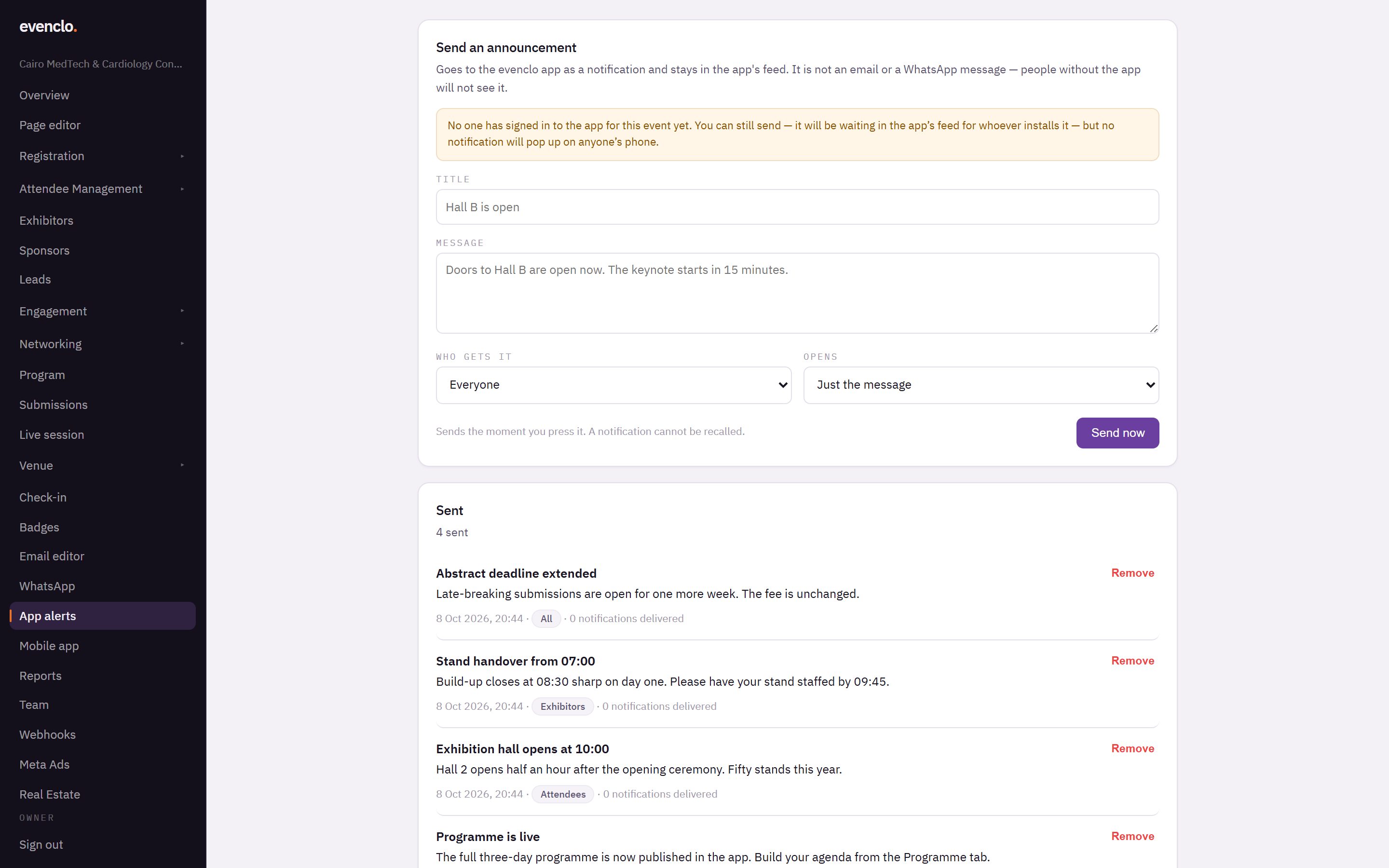App alerts page with the announcement form and the list of sent announcements